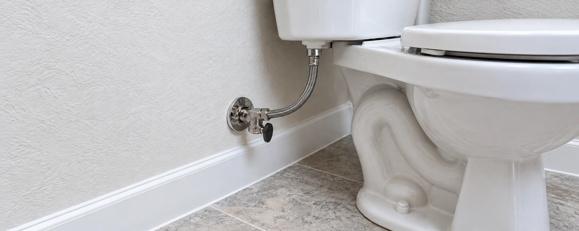 A toilet supply valve and braided line in a bright normal bathroom