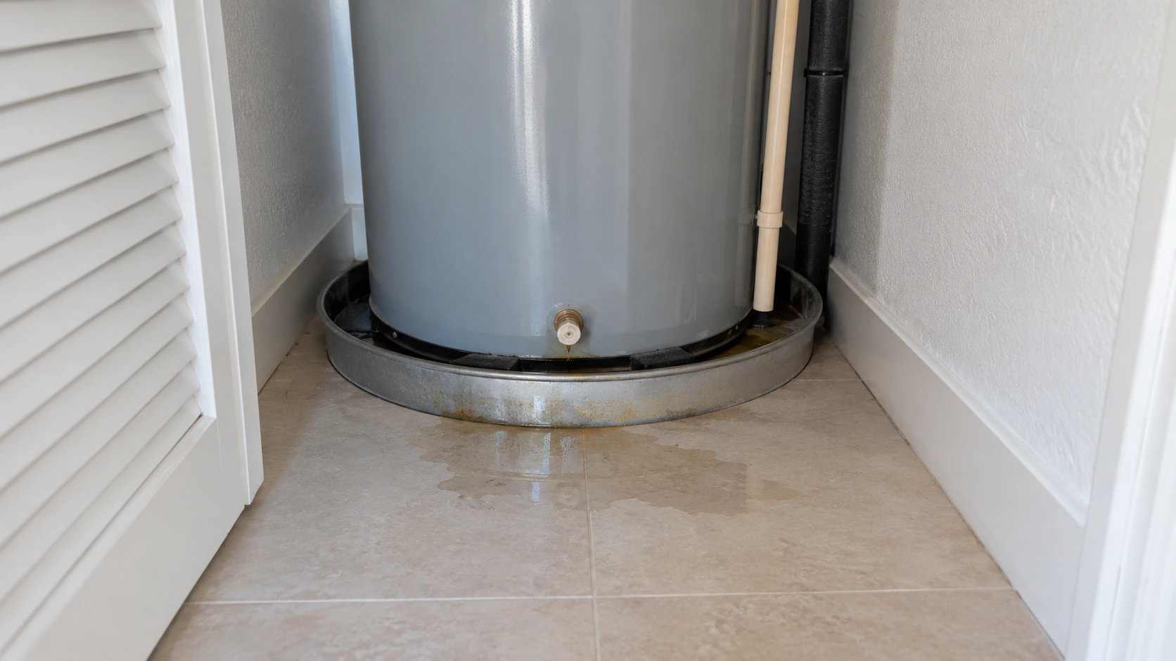 A water heater pan with a small puddle on the closet floor.