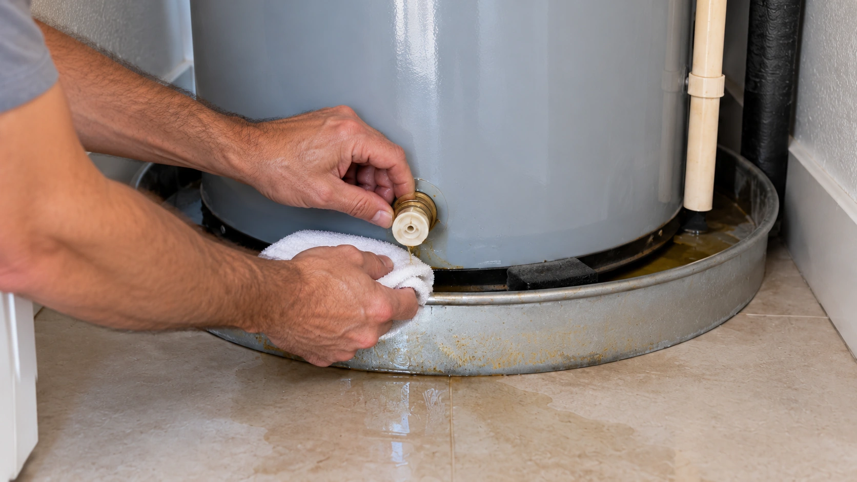 A plumber's hands and forearms at a residential water heater, head out of frame.