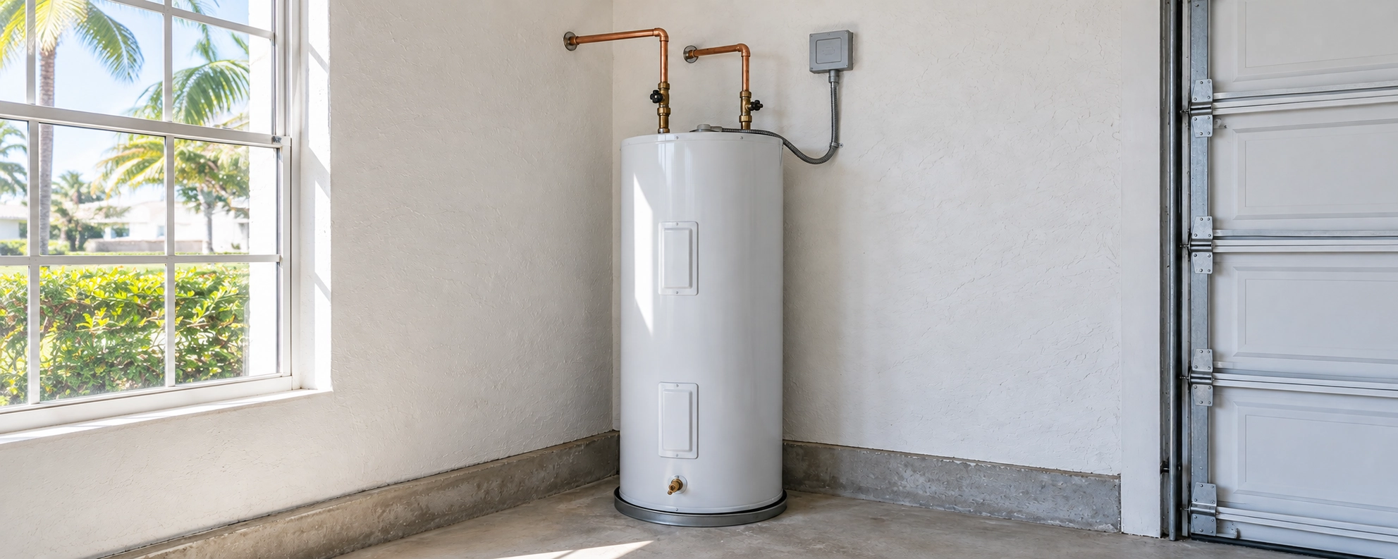 An upright electric water heater with separate supply lines in a bright garage